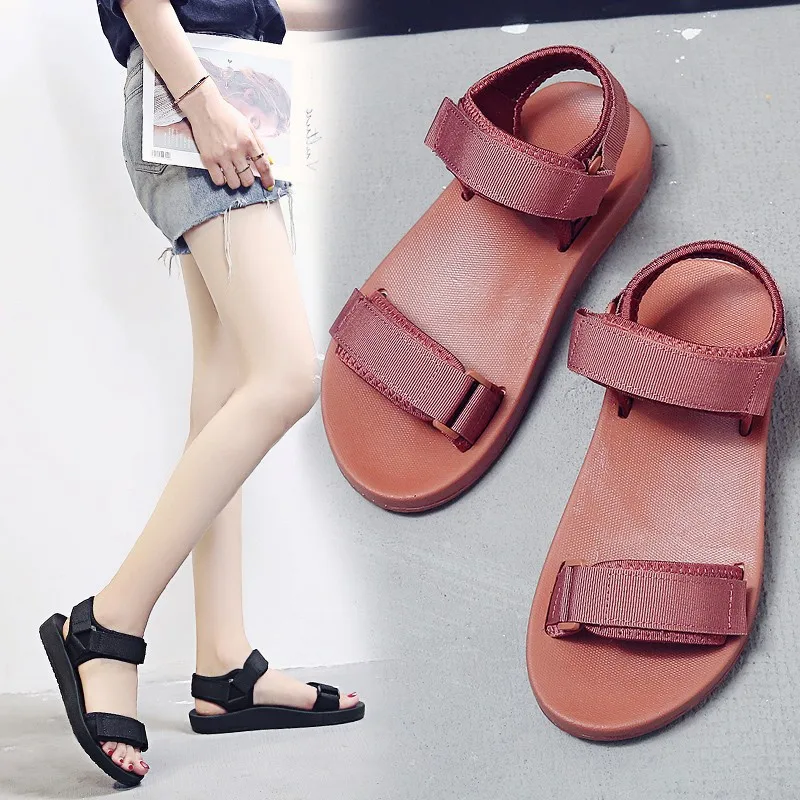 

Female Sandal Comfort Shoes for Women Round Toe 2021 Summer All-Match Girls Fashion Beige Flat Beach New Sewing Rubber Fabric Ho