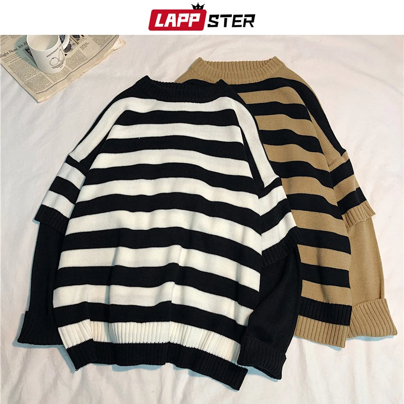 LAPPSTER Men Harajuku Oversized Sweater Fall Pullover Man Fake Two Pieces Streetwear Sweater Korean Fashion Striped Clothes