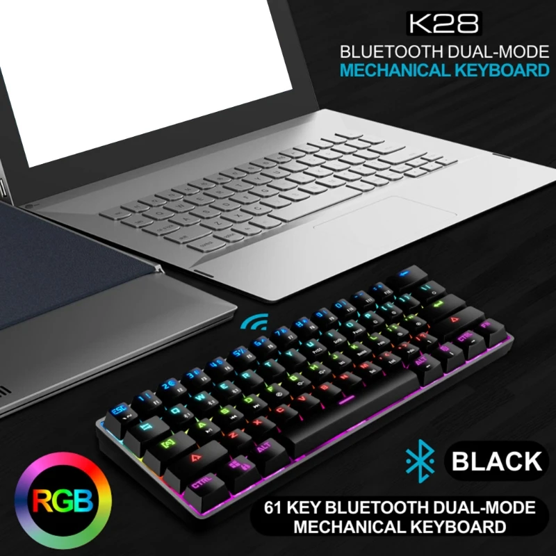 

Клавиатура K28 Беспроводная Механическая портативная, Bluetooth 61 клавиша, Двухрежимная RGB подсветка, водонепроницаемая, Двухрежимная