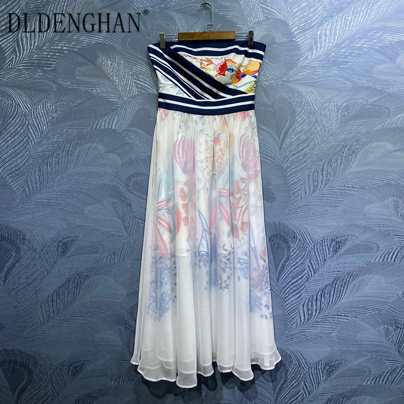 

DLDENGHAN Fashion Print Summer Dress Women Slash neck Sleeveless Backless Midi Party Dresses Designer New