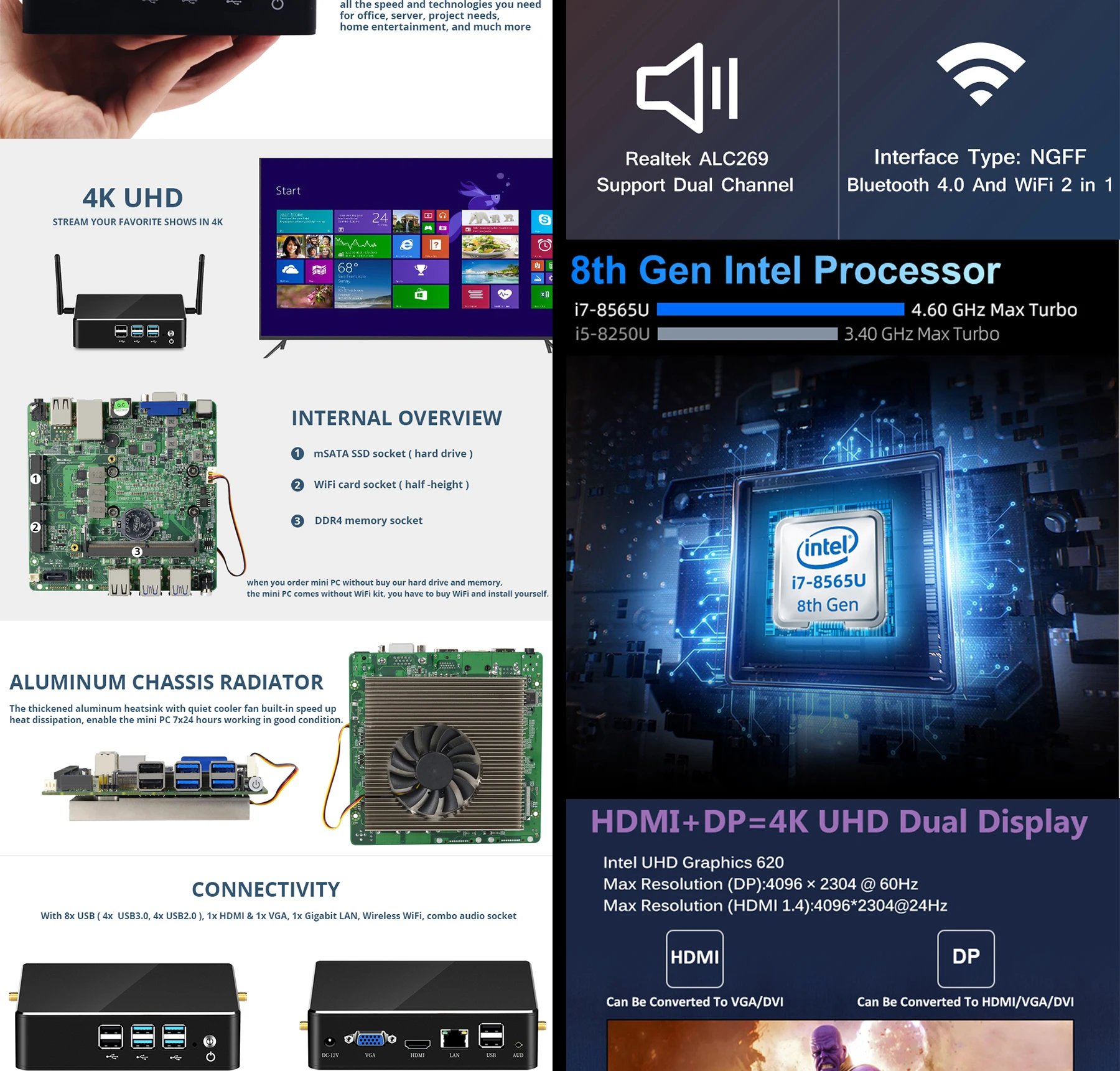 Мини ПК Intel Core i3 8130U i5 8250U i7 8550U DDR4 Windows 10 в формате 4 K UHD HDMI VGA 8xusb Wi-Fi Gigabit Ethernet HTPC офисный компьютер