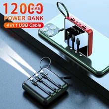 4 In 1 12000mAh Mini Power Bank LED Display External Battery PoverBank Portable Charger Powerbank Wi