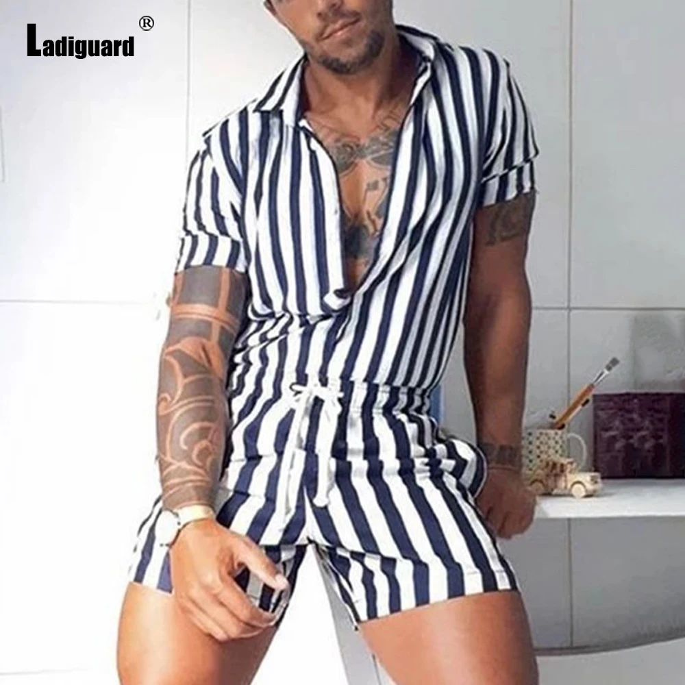 Plus Size 3xl Men Fashion Stripes One-piece Playsuits Open Crotch Jumpsuit Summer Casual Onesie Bodysuit Sexy Mens Clothing 2021