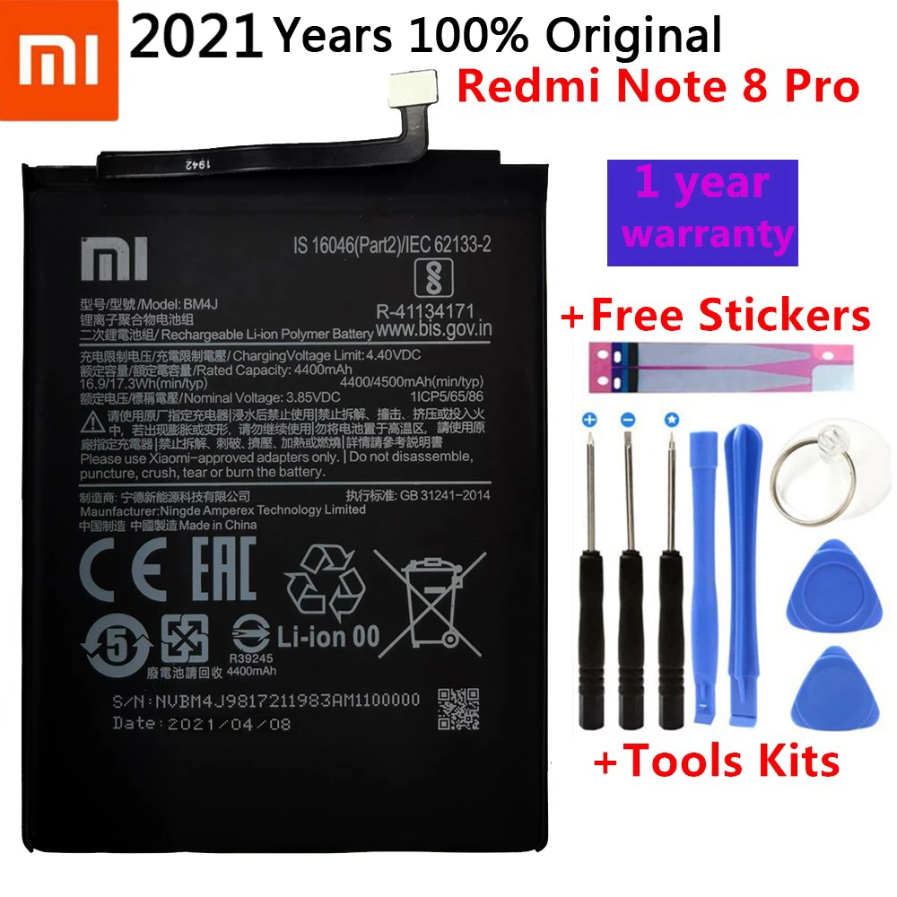 

100% Original 4500mAh BM4J Battery For Xiaomi Redmi Note 8 Pro Note8 Pro Genuine Replacement Phone Battery +Gift Tools +Stickers