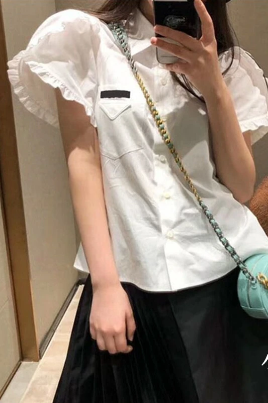 

P home Falbala hubble-bubble sleeve black fungus and white shirt womens top T shirt women oversized kawaii top female Blouses