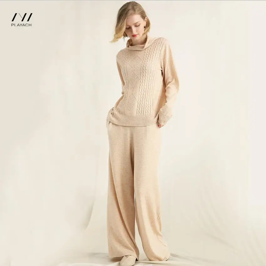 

Autumn winter warm twist knit woolen Suits was thin soft fabric wool Sweater + Mink cashmere Leisure pants Two-pieces sets wq466