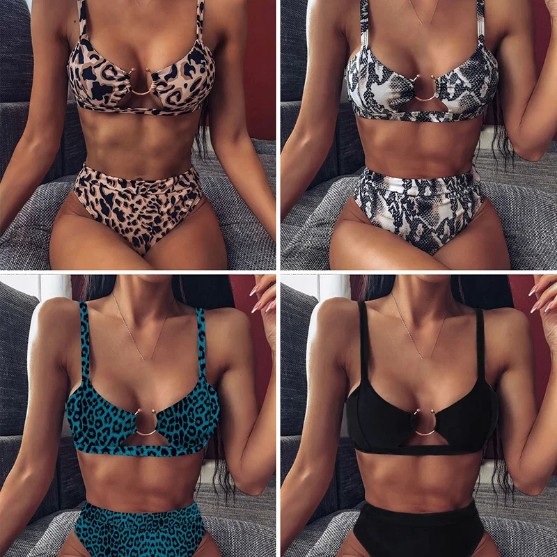 Женский купальник с высокой талией сексуальный леопардовым принтом пуш ап на