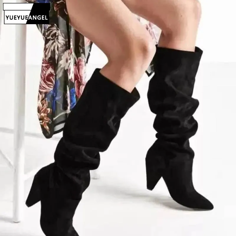 

Winter Women Suede Leather Mid Calf Boots Pointed Toe Spike High Heels Runway Shoes Brand Fashion Slip On Botas Mujer Plus Size