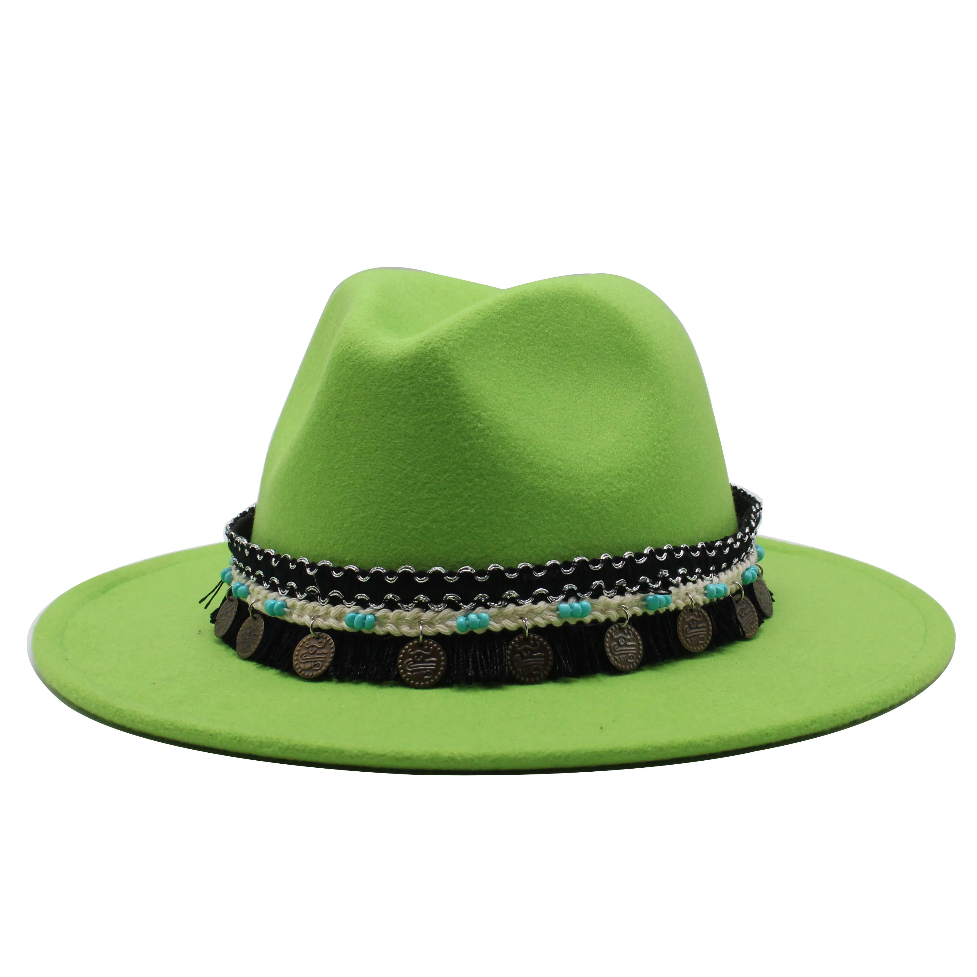 Seioum Unisex Panama Wool Felt Fedora Hats Decoration Fashion Flat Brim Jazz Formal Top Hat Bowler Hat Derby for Men Women