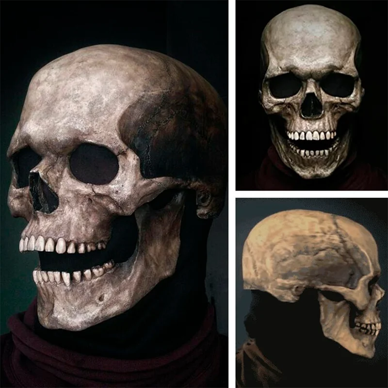 

Страшная Хэллоуин полноголовая маска черепа с движущимися челюстями, реалистичный латексный шлем для взрослых всю голову, страшный Скелет ...