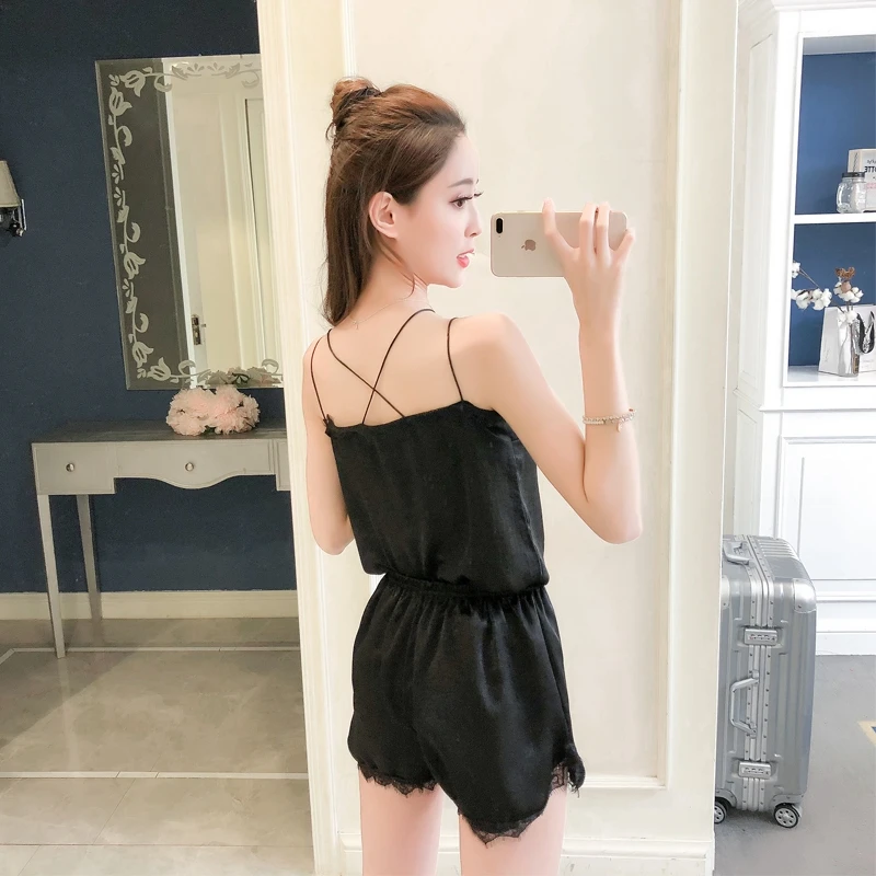 Women's Pajamas Sexy Nightwear Strapy Women Sleeveless Lace-trim Satin Romper Play Suit Sleepwear Nightgown | Женская одежда