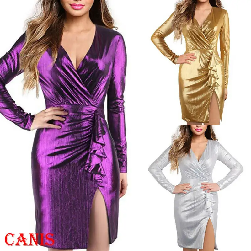 

Women Sequin V-Neck Wrap Mini Dress Lady Bodycon Evening Party Long Sleeve Dress