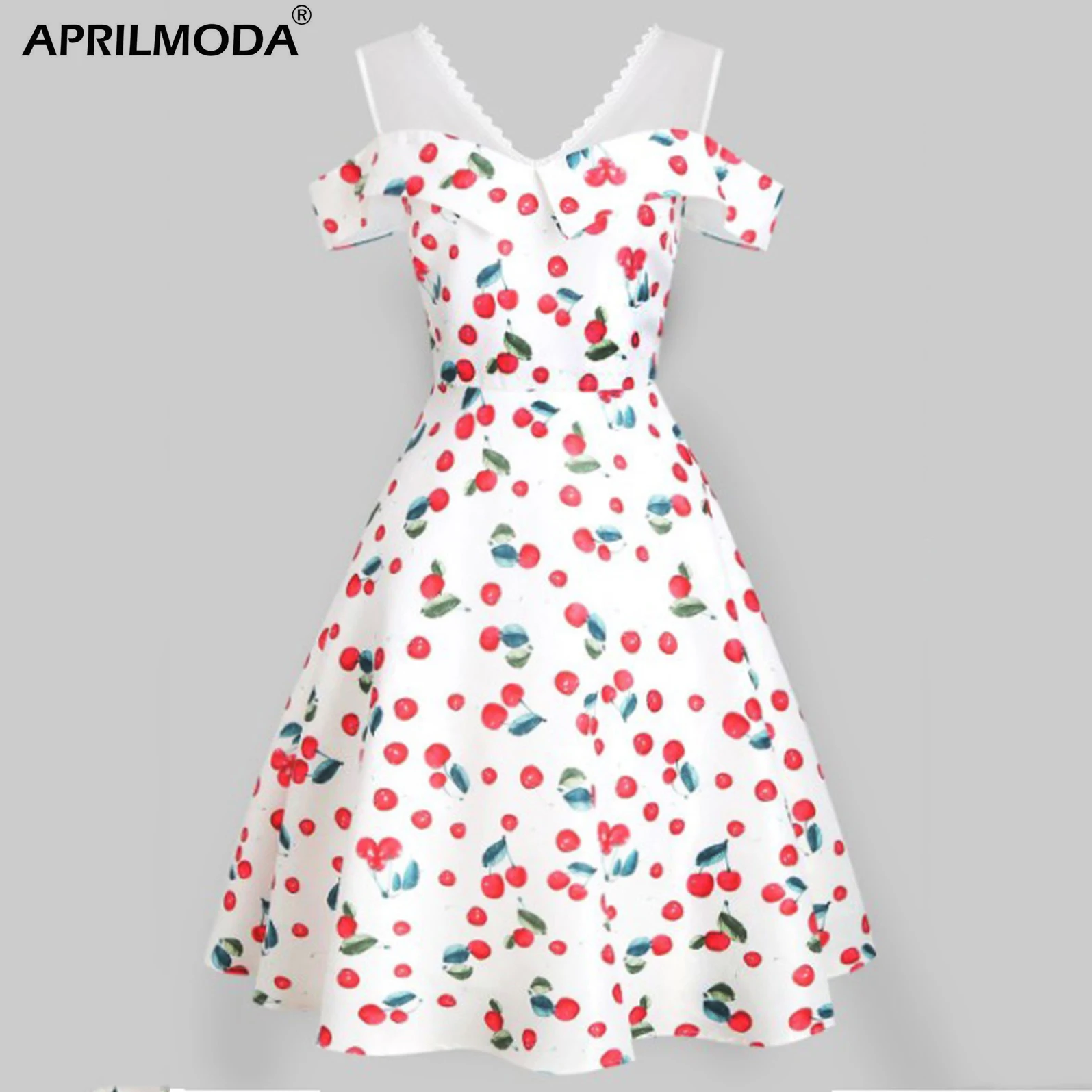 Женское винтажное платье без бретелек с принтом вишни белые вечерние Сарафаны