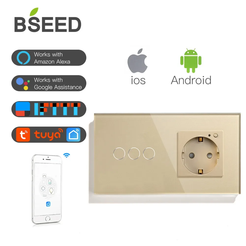 BSEED 16A Wifi сенсорный выключатель 3 банды Wifi стандарт ЕС розетка с белым черным золотым кристаллом стеклянная панель умный переключатель