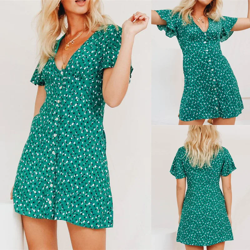 

Женское шифоновое платье с коротким рукавом, V-образным вырезом и пуговицами