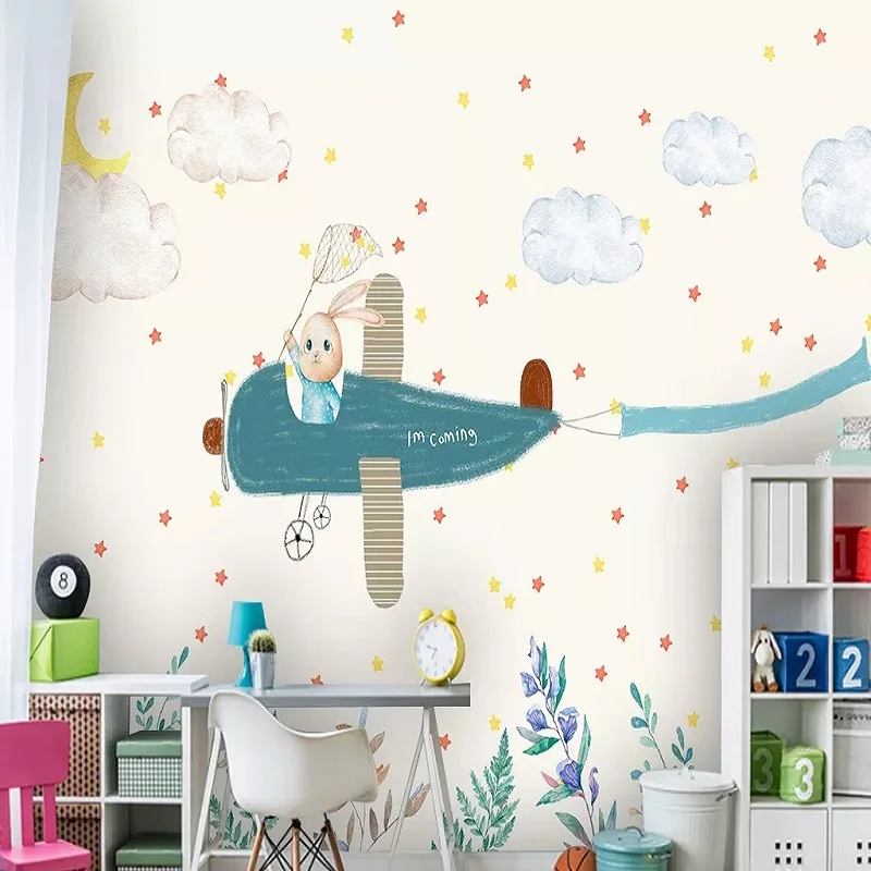 

Большие настенные 3D-обои на заказ, Мультяшные звезды, луна, самолет, детская спальня, декор для задней панели телевизора, с глубоким 5D тиснен...