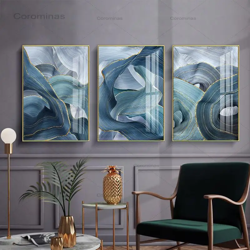 

Синие, зеленые, золотые линии, волнистый геометрический постер, новый китайский холст, живопись, современное настенное искусство, украшение...