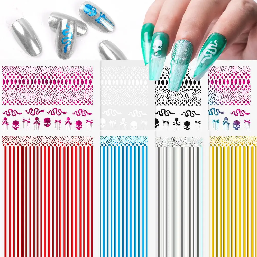 

8/9pcs 3D Skull Snake Skin Nail Sticker Adhesive Glitter Halloween Decals Nail Art Decorations DIY