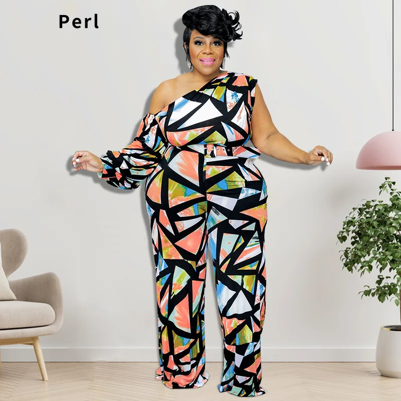 

Perl Geometry Patchwork Multi Color Rompers One Cold Shoulder Jumpsuit for Women Vintage Straight Overalls Plus Size 4XL 5XL
