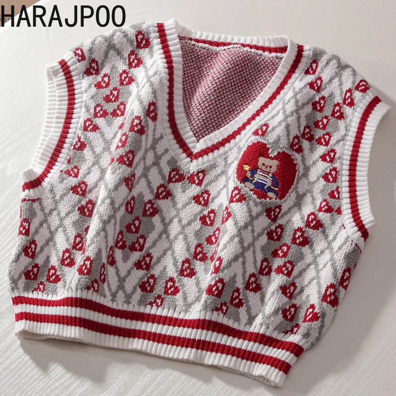 

Женский жилет Harajpoo с вышивкой Love Bear в стиле Харадзюку, Женский Осенний трикотажный свитер, безрукавка Y2k Ins без рукавов, 2021