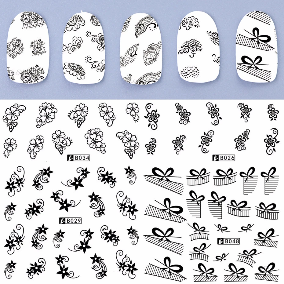 48 листов черный/белый дизайн ногтей Смешанные Цветочные перьевые наклейки для