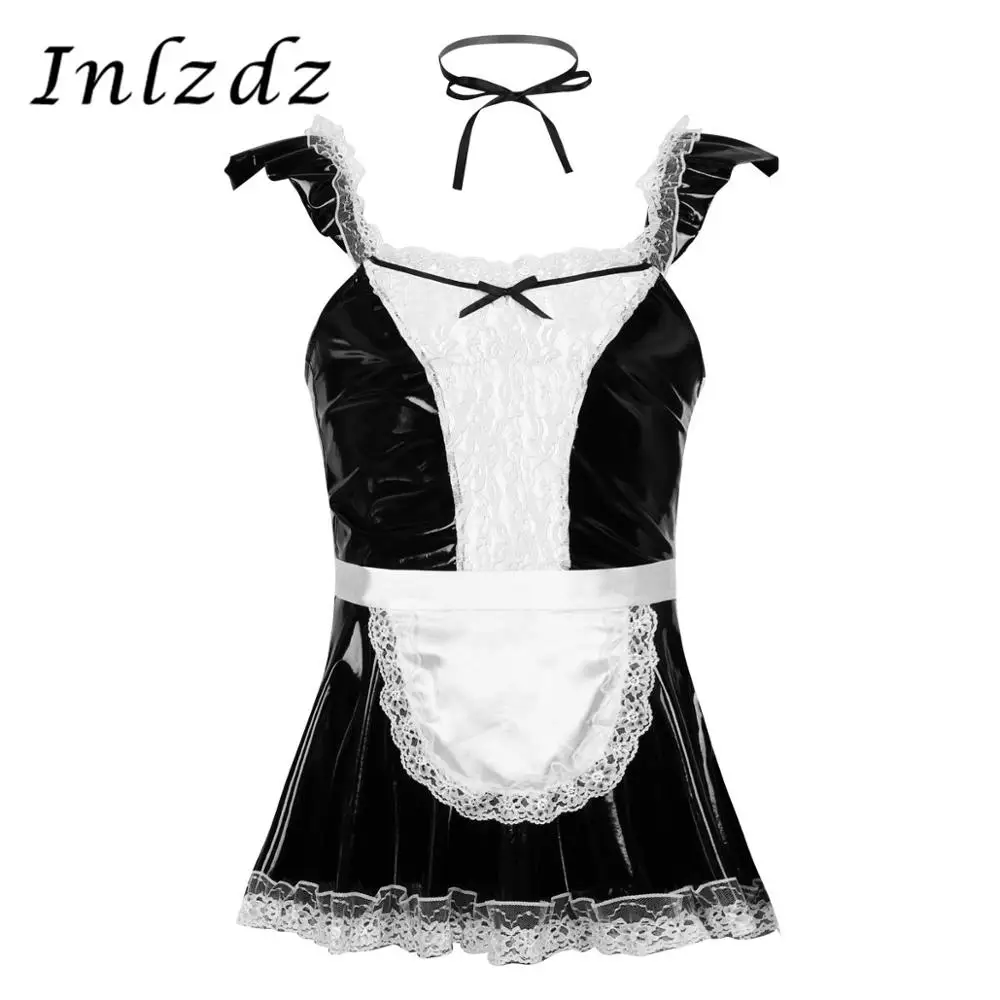 

Мужское нижнее белье для неженок, Французская горничная, сексуальный костюм для косплея, кружевная отделка, сексуальное мини-расклешенное ...