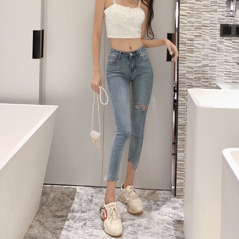 

Women's Korean-Style Raw Hem Jeans High Waist Tight Slimming Ripped Pencil Cropped Pants Ins Fashion