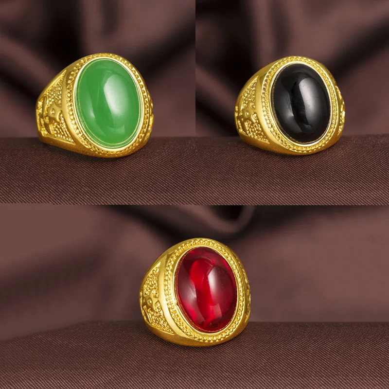 

24K Yellow Gold Plated Natural Agate Ring For Men Luxury Green Red Black Gemstone Finger Rings Birthday Anniversary Fine Jewelry
