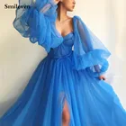 Женское вечернее платье со шнуровкой Smileven, синее фатиновое платье с длинными рукавами и открытой спиной, бальное платье для выпускного вечера