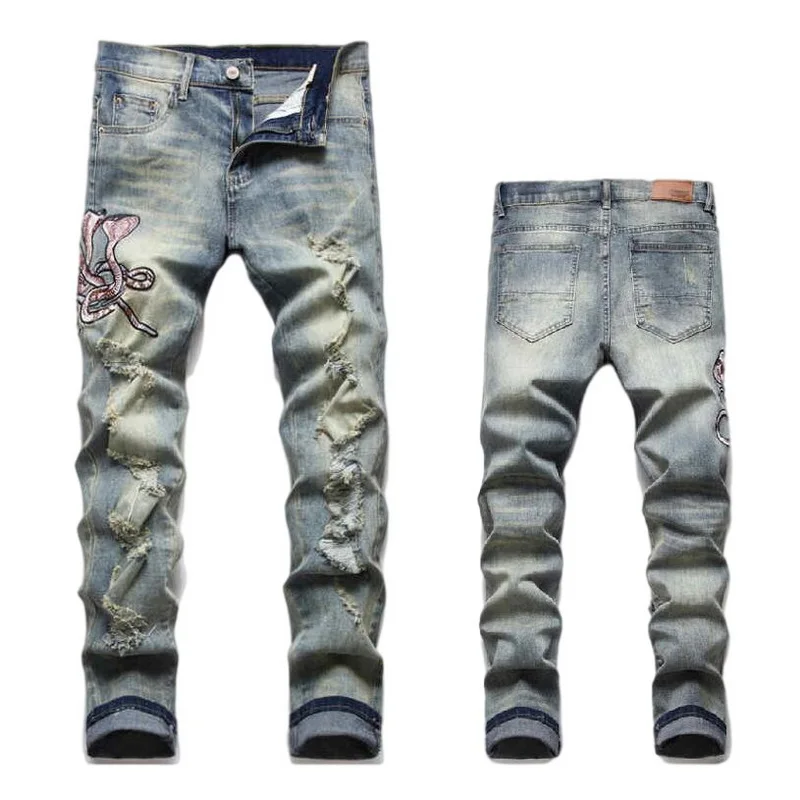Mens Jeans Fashion Trendy Ripped Hole Slim Fit Stretch Embroidery Cobra Men Jeans Skinny Trendy Pants