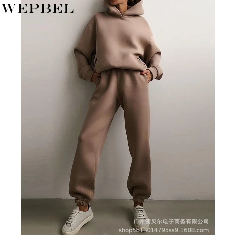

WEPBEL Women's Fashion Solid Color Loose Sports Suit Autumn Long Sleeve Hooded Top + High Waist Pocket Pencil Pants Suit