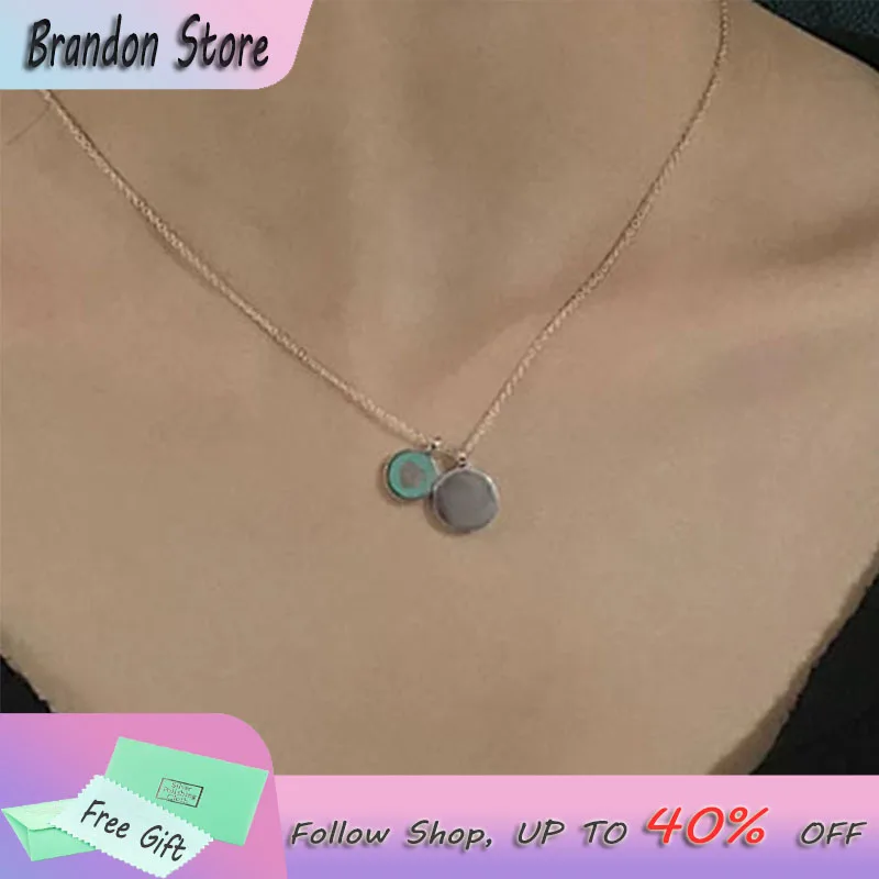 

Fashion Tif Blue Enamel Heart-shaped Double Round Pendant Sterling Silver 925 Necklace Ladies Clavicle Chain Luxury Jewelry Gift