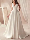Женское атласное платье с карманами, свадебное платье с V-образным вырезом, открытой спиной и разрезом сбоку, 2021