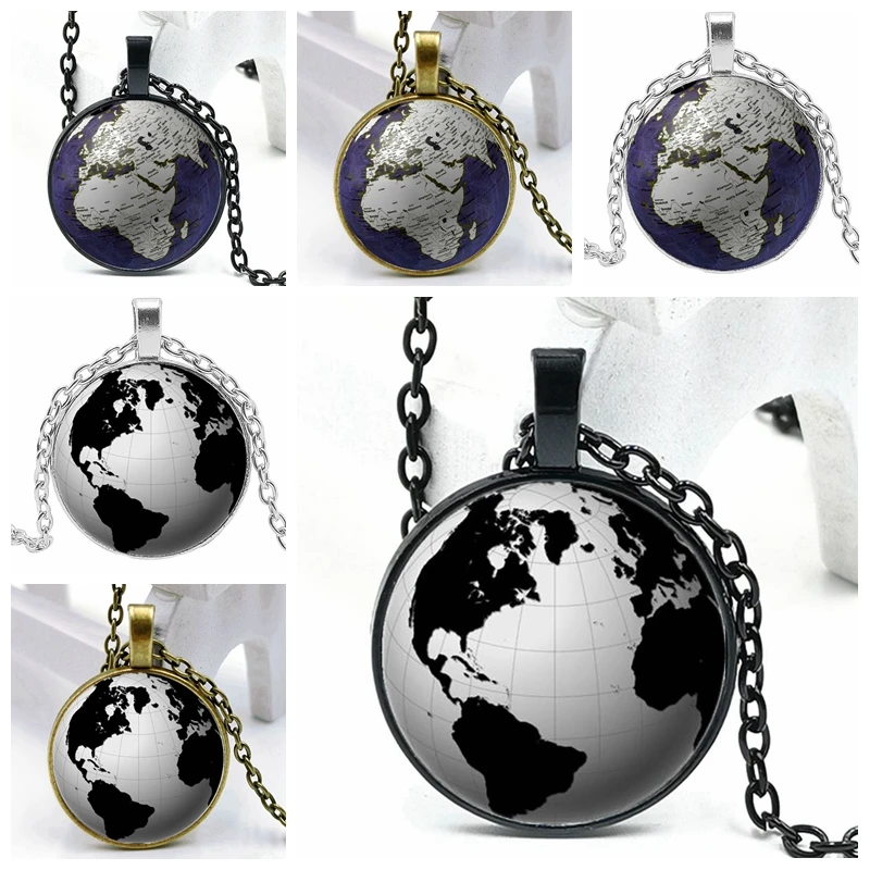 

Vintage Series Necklace Pendant Earth World Map Cabochon Statement Necklace Jewelry Gift Sweater Chain