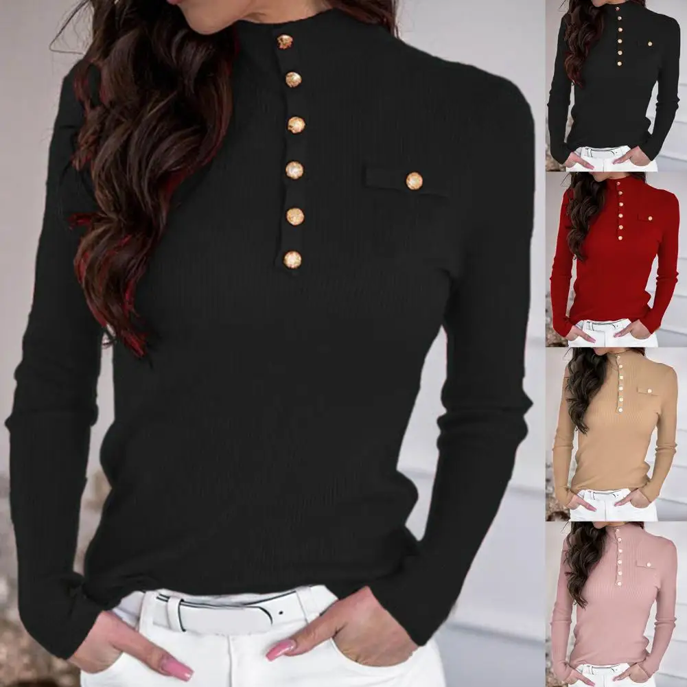 

Blouse Women Solid Color Turtleneck Vintage Blouse Shirts Buttons Pockets Ribbed Slim Basic Knitwear Blouse Office Work Blouse