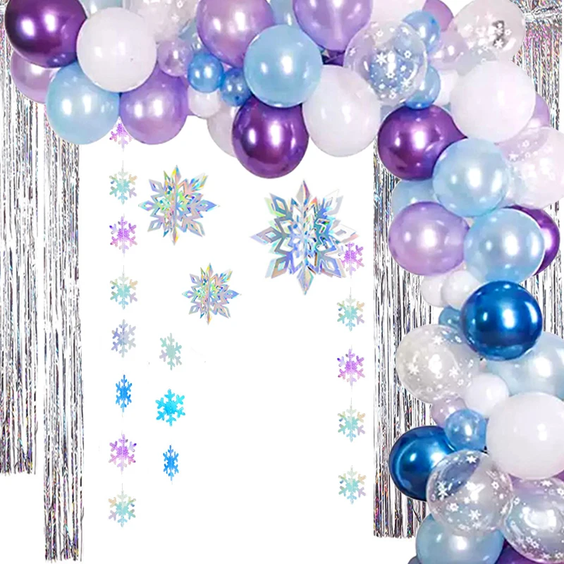 Conjunto de globos de l&aacute;tex de Frozen, guirnalda de copos de nieve y Flash, cortinas de fondo de plata para cumplea&ntilde;os de reina de la nieve, decoraciones de cumplea&ntilde;os de Elsa, 118 piezas-0