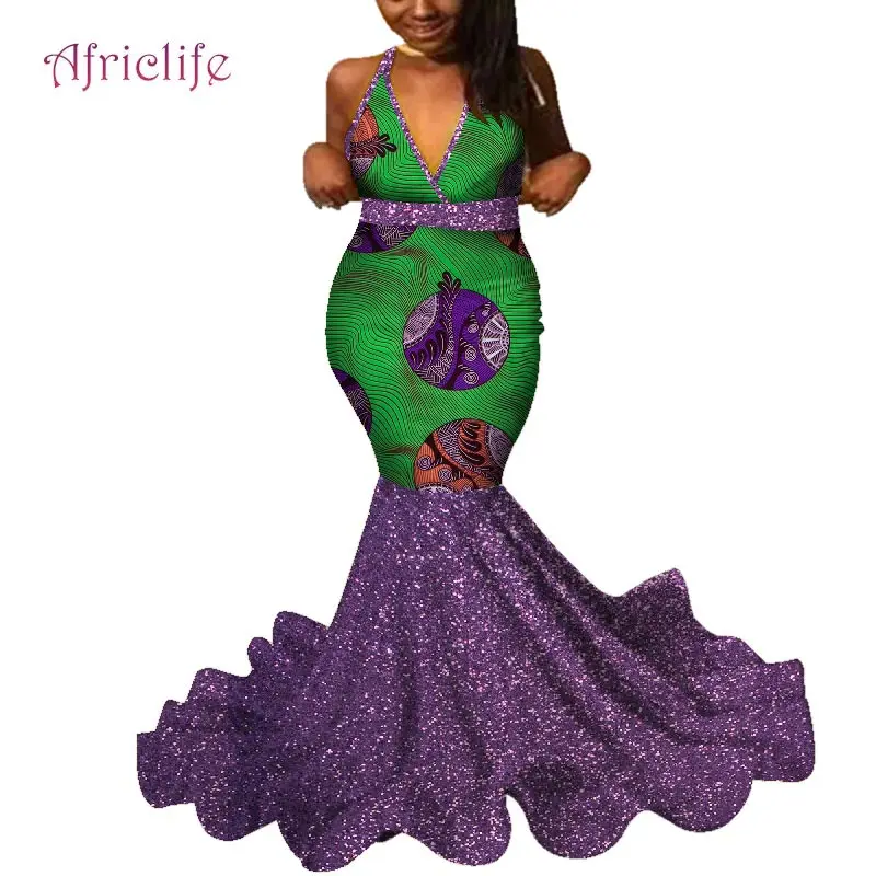 Dashiki African Wedding Long Skirt Sexy Deep V Party Dresses for Women African Print Sleeve Women Clothing WY4641