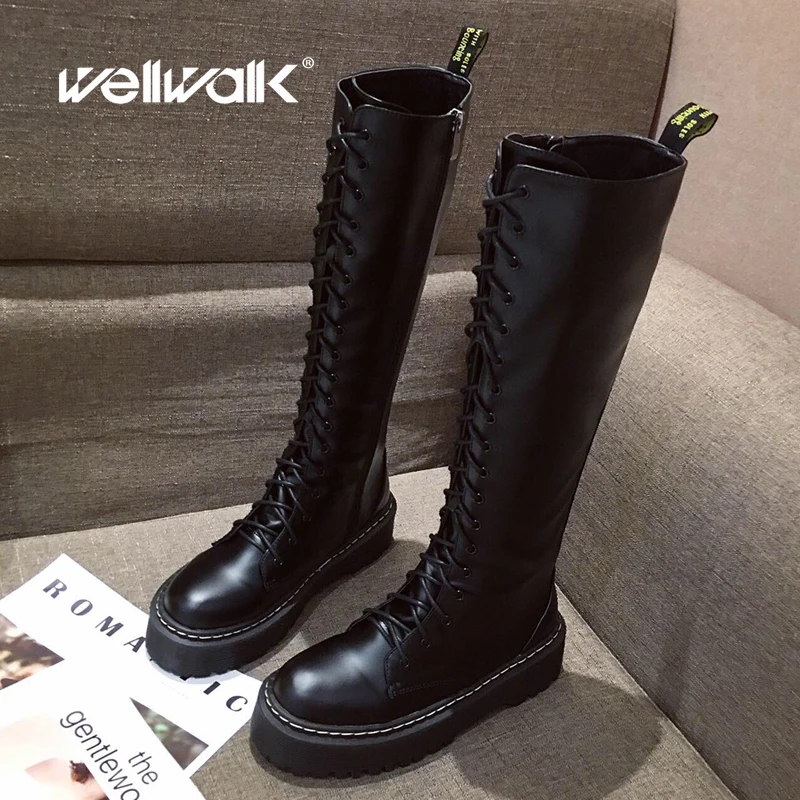 Женские высокие сапоги до колена с круглым носком ботинки Martens в байкерском стиле