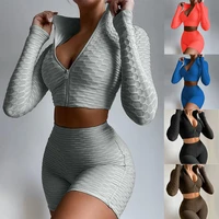 women yoga sets fitness clothing solid leggings sport suit long sleeve top and high waisted shorts tracksuit