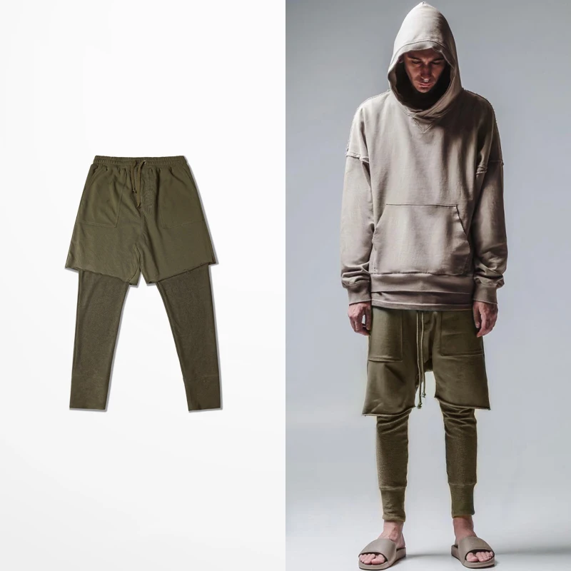 

New Plain Green black Men Harem Pants Fashion fake two pieces Man Sweatpants Vintage Hombre Compression Legging Joggers hip hop