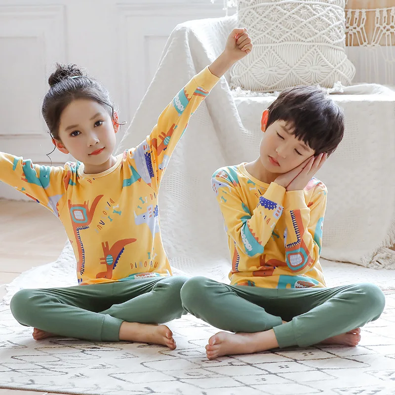 

OHMETOY 2021 New Children's Autumn Clothes and Pants Suits Kid Warm Cotton Sweaters Boys and Girls Cartoon Home Pajamas