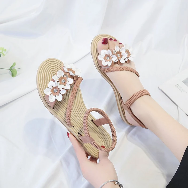 

Summer ladies sandals elastic ankle strap flat sandals 2020 flowers beach sandals women shoes