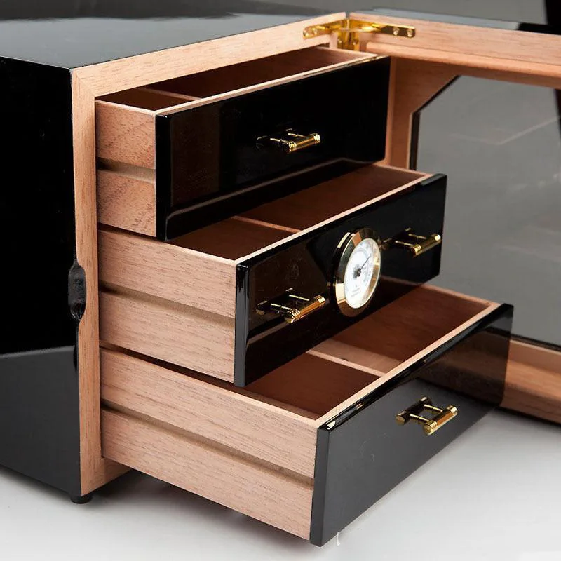 Humidificador de armario para cigarros, puerta de vidrio templado con cajones de 3 capas, forrado en madera de cedro espa&ntilde;ol, env&iacute;o gratis-1