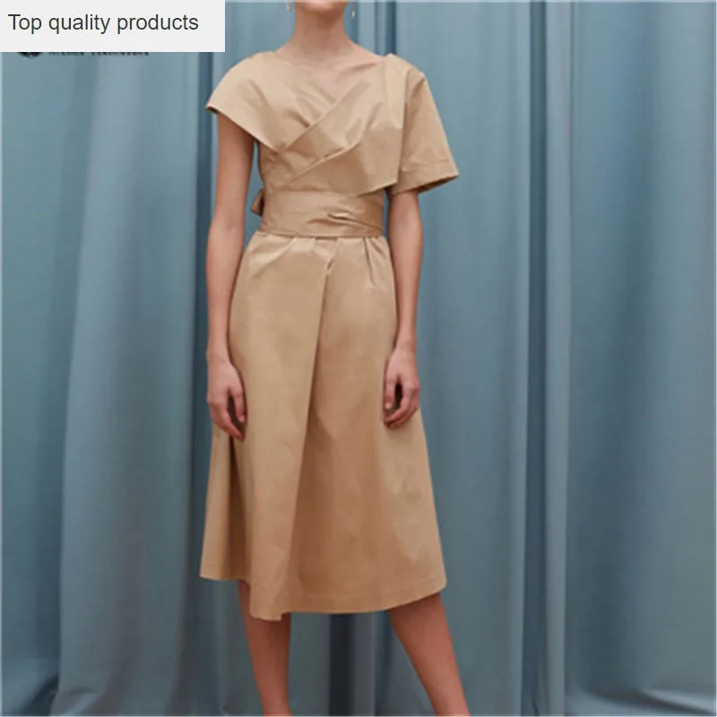 

New Summer 2023 Dress Europe high-end Women belt Camel Short-sleeved Dress Fashion Casual V-neck High waist Dress C189