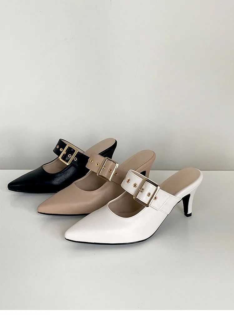 

Baotou Half Slippers Women's 2020 Fashion All-match Belt Buckle Pointed High Heel Retro Mule Shoes Thin Heeled Slippers
