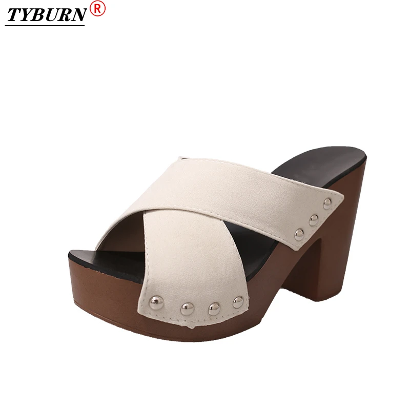 

Summer Ladies Sandals Square High Heel Platform Suede Casual Rivet High Heels Open Toe High Quality Women's Shoes Women Sandals