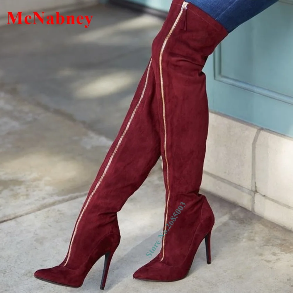 

Suede Burgundy Thigh High Boots Female Fitted Pointed Toe Front Zipper Thin High Heel Solid Women Autume Winter Party Dress Boot