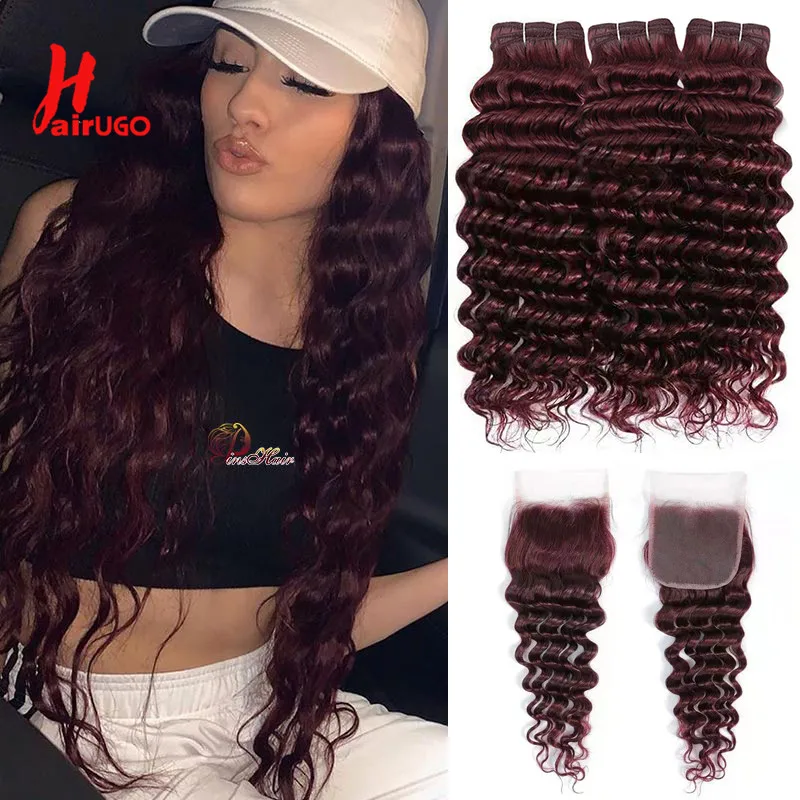 HairUGo Brazilian 99J Dark Red Hair Bundles With Closure Pre-Colored Deep Wave Human Hair Closure With Bundles Remy Hair Weave