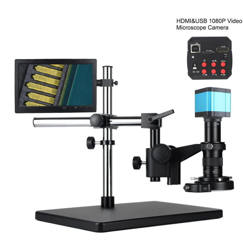 

1080P HDMI USB Microscope Industrial Video Microscope Camera 300X C-Mount Lens 10"LCD Display For Phone Soldering Repair
