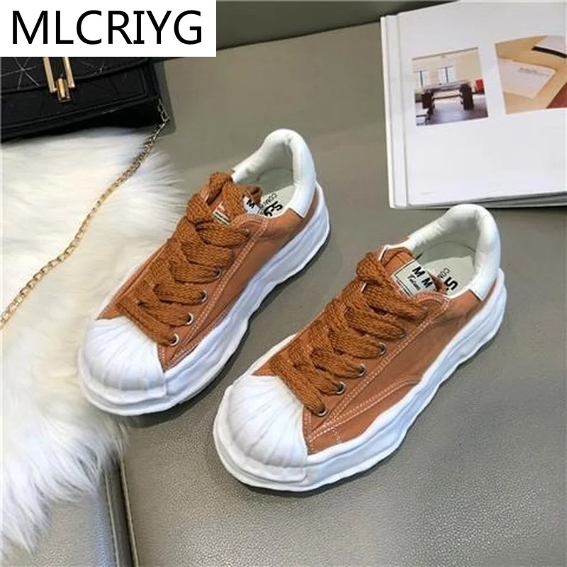 

2021 Spring New Women's Casual Lace-up Sneakers Women's Platform Canvas Shoes Women's Comfortable Platform Vulcanized Shoes